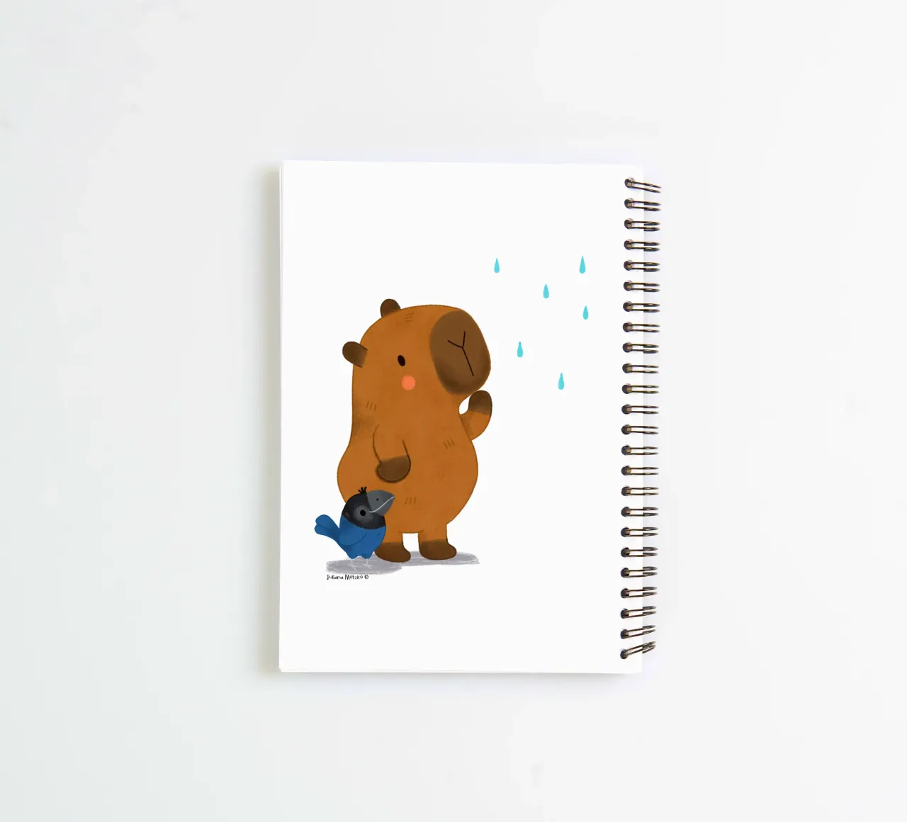Capybara and Bird looking at the rain spiral notebook by julianamotzko