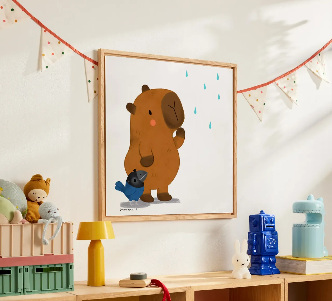 Capibara e uccello guardano la pioggia plexiglass da julianamotzko