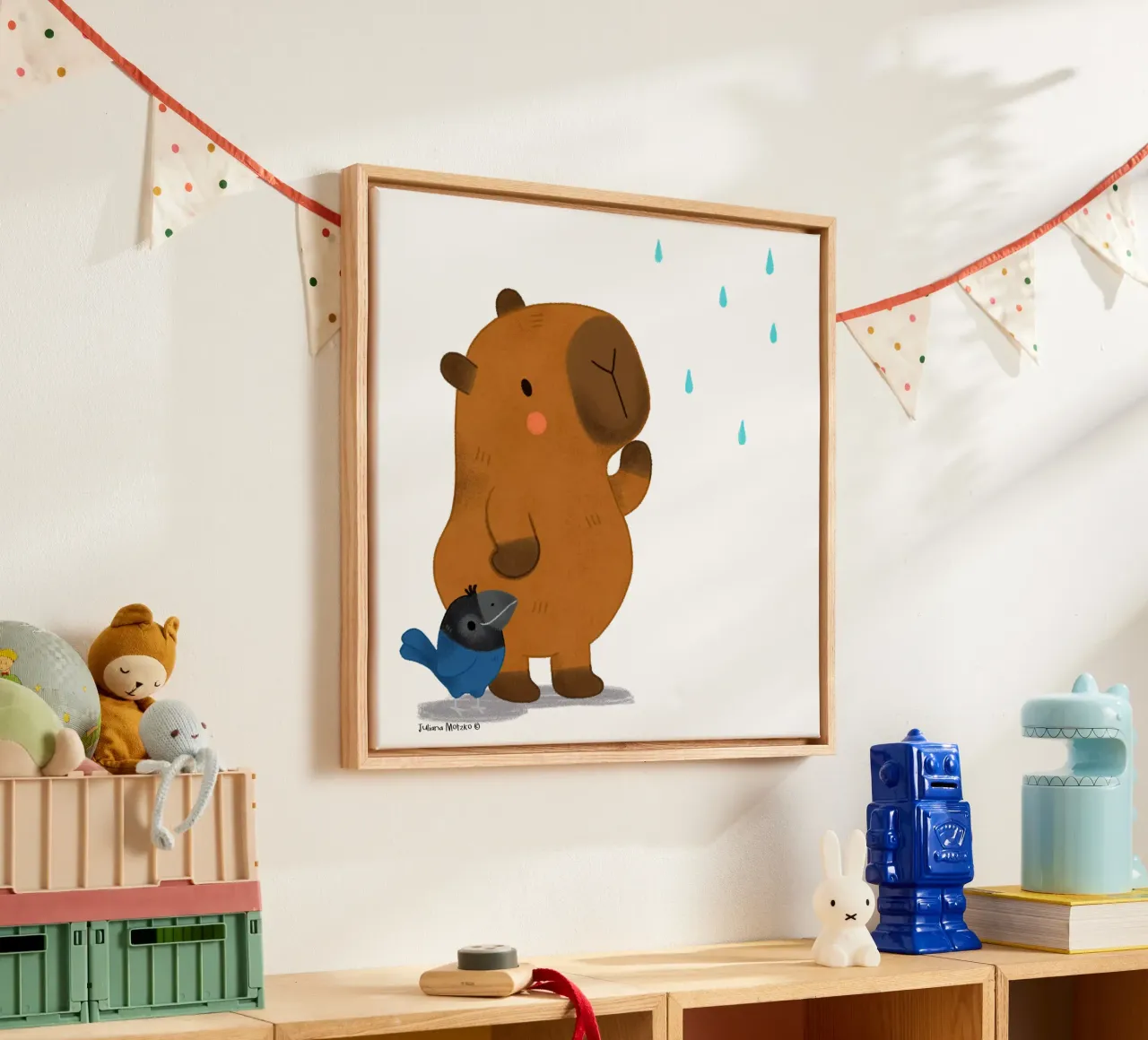 Capybara and Bird looking at the rain canvas by julianamotzko