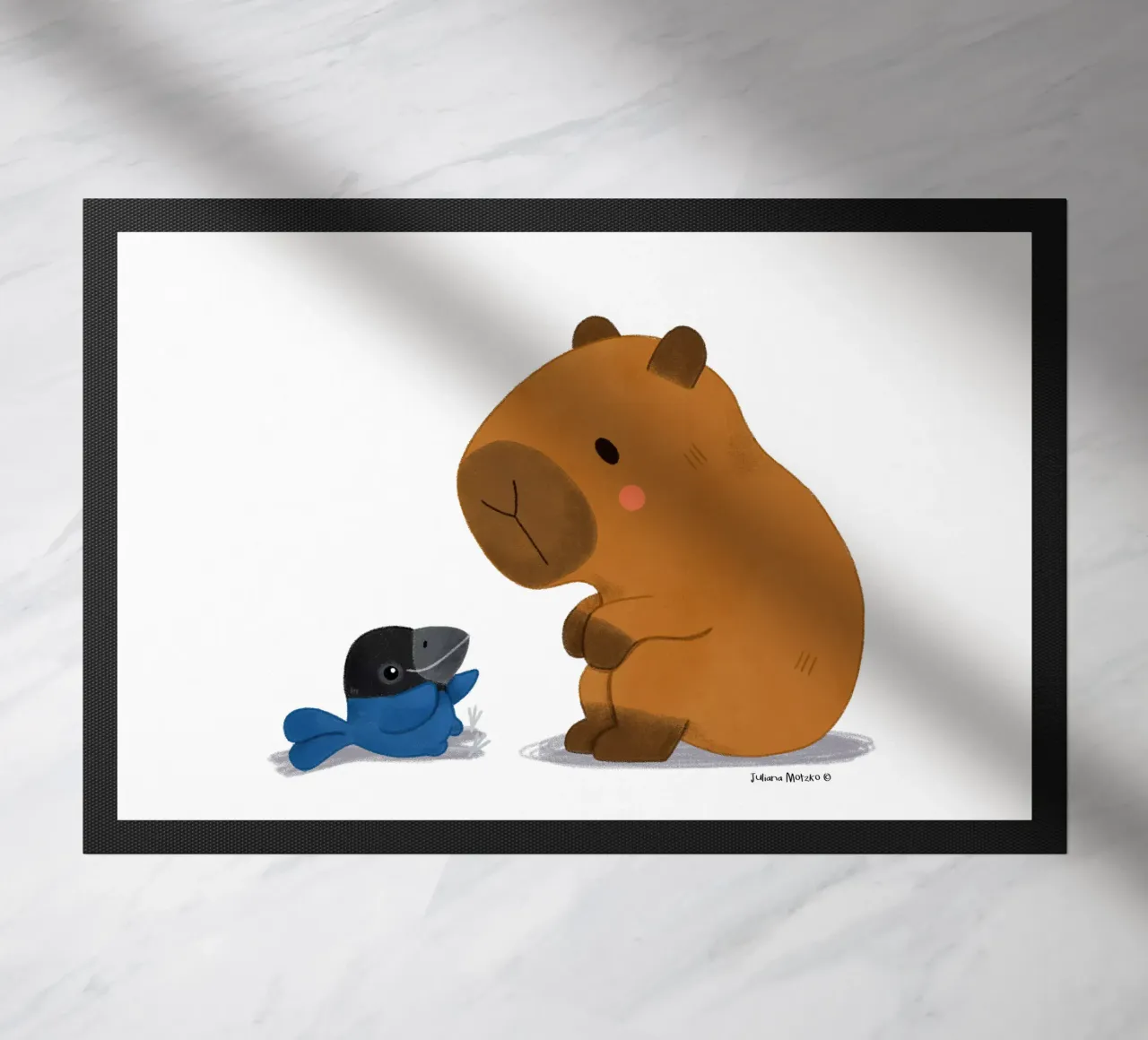 Capybara and Bird talking doormat by julianamotzko