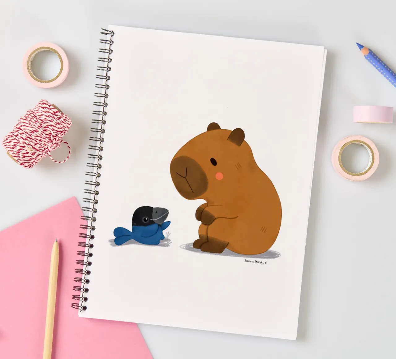 Capybara and Bird talking spiral notebook by julianamotzko