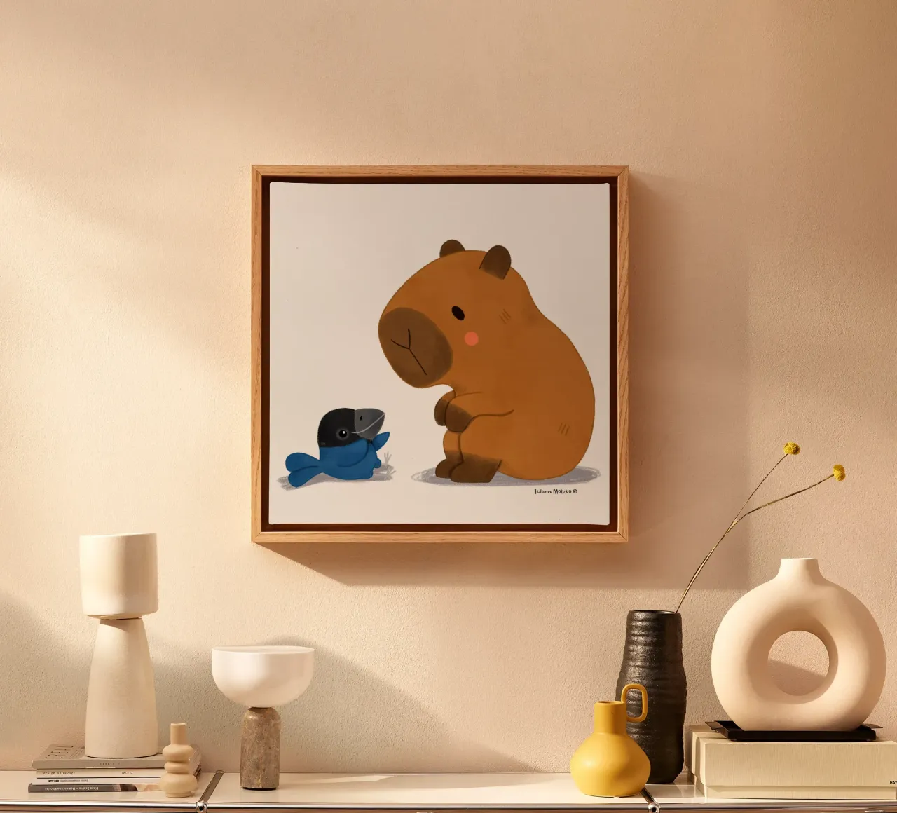 Capybara and Bird talking canvas by julianamotzko