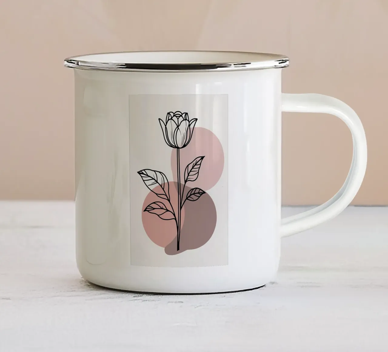 Minimalist Line Art Tulip with Abstract Geometric Shapes enamel mug by Bloom And Brush