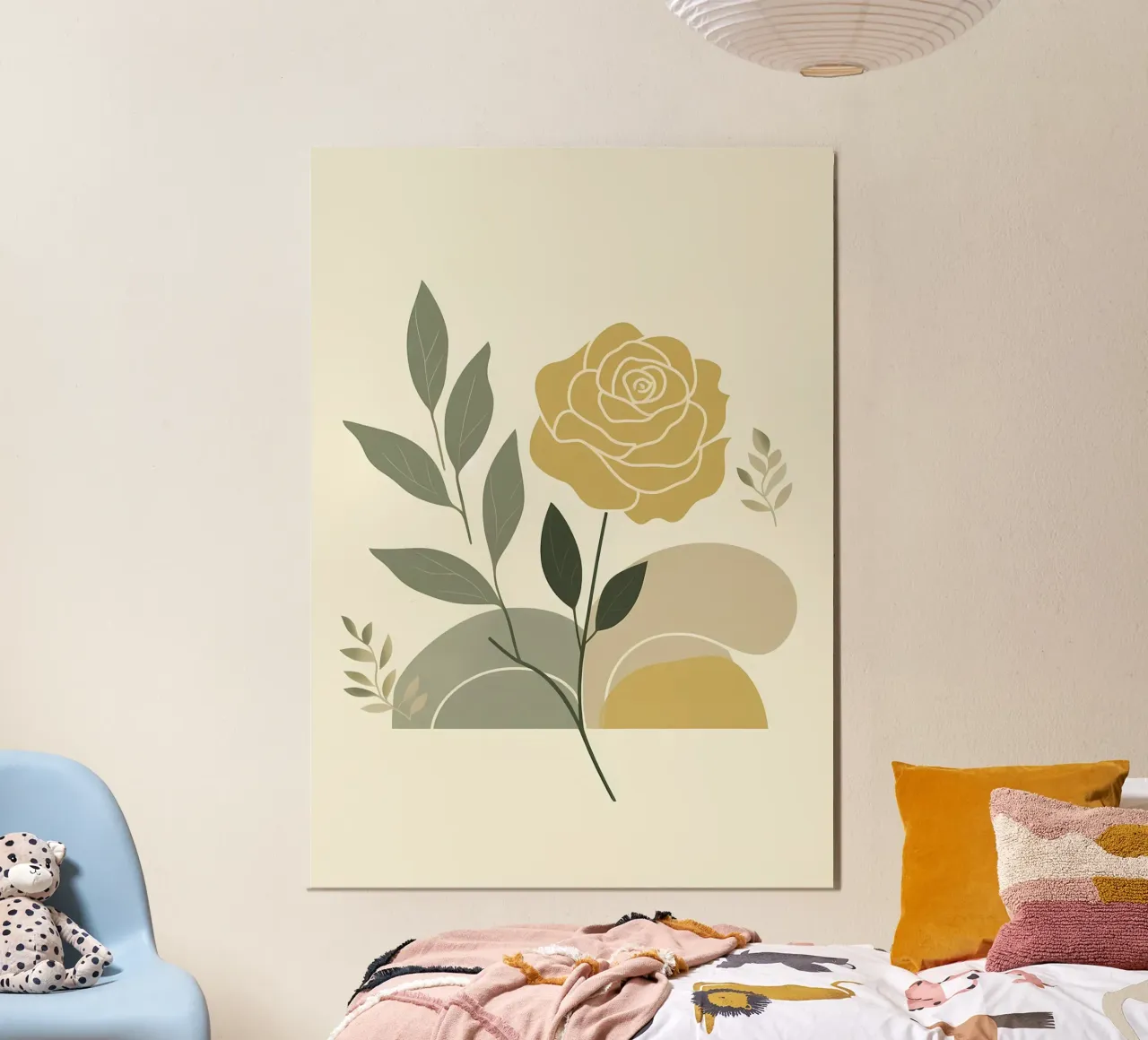 Dessin au trait minimaliste d'une rose jaune alu dibond de Bloom And Brush