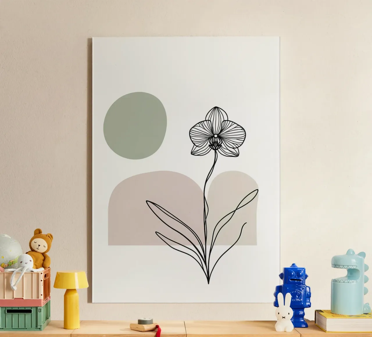 Line art minimalista di un singolo fiore di orchidea plexiglass da Bloom And Brush
