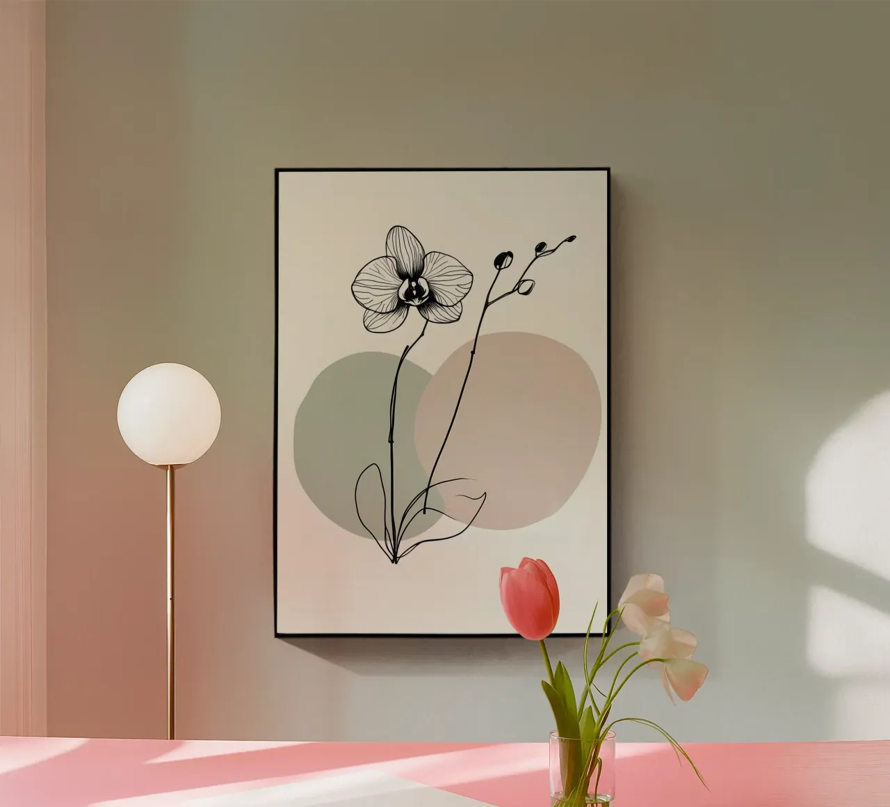Line art minimalista di un singolo fiore di orchidea plexiglass da Bloom And Brush