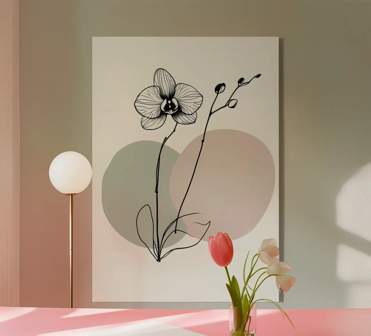 Line art minimalista di un singolo fiore di orchidea plexiglass da Bloom And Brush