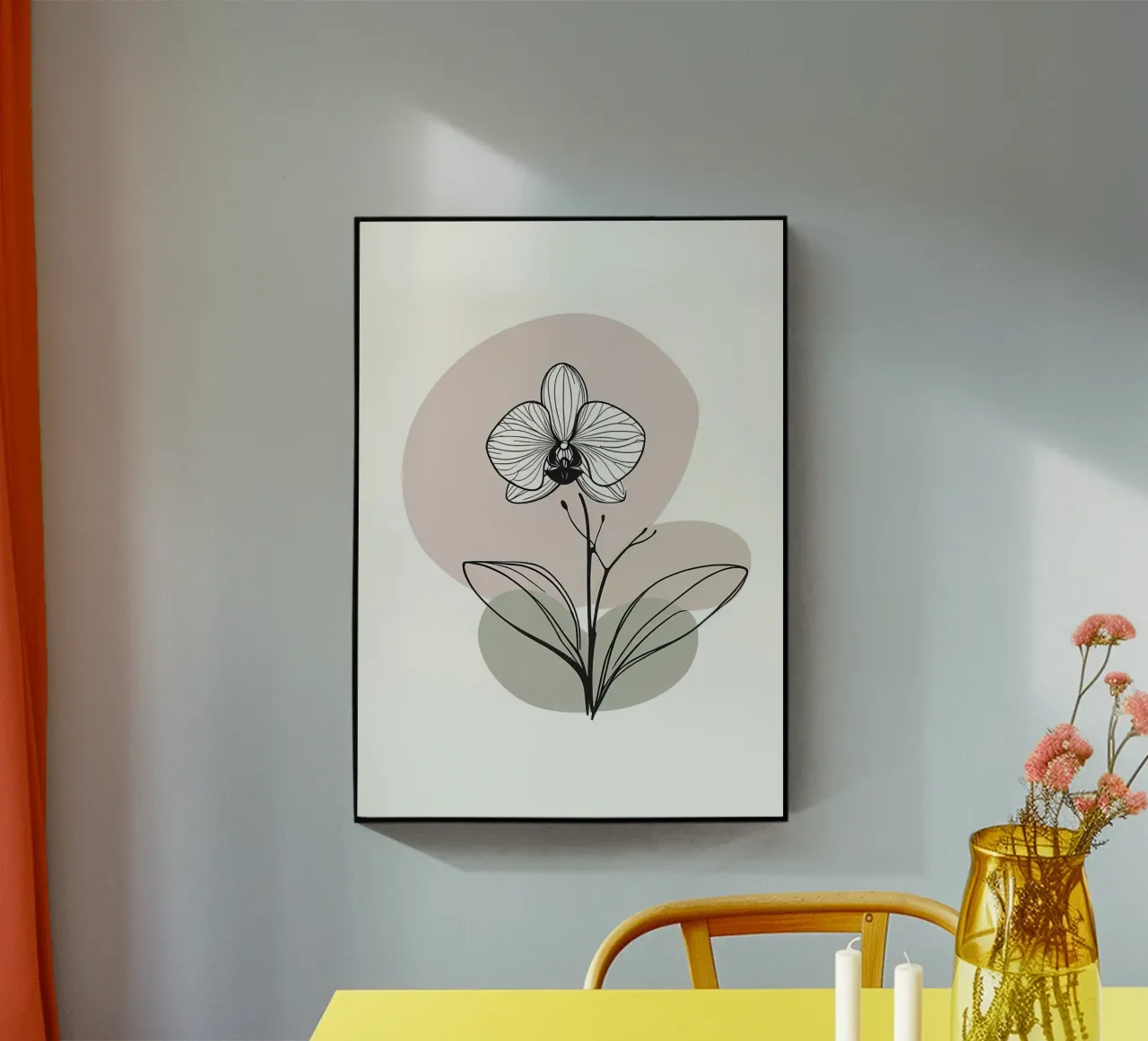 Line art minimalista di un singolo fiore di orchidea plexiglass da Bloom And Brush