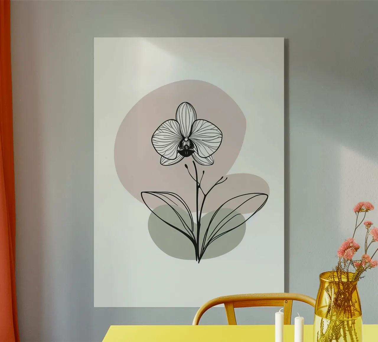 Line art minimalista di un singolo fiore di orchidea plexiglass da Bloom And Brush