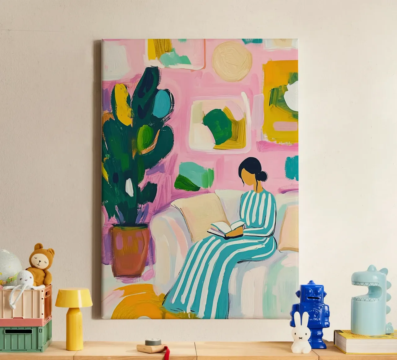 Roze Muren Sereniteit | Abstracte Vrouw Cactus Pop Art Print canvas van dawnthesea