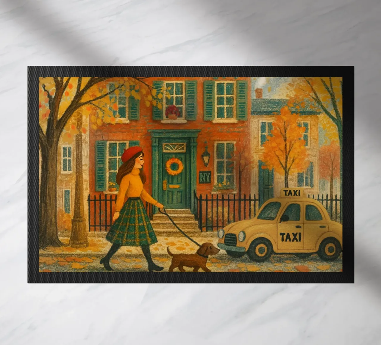 Autunno a NYC - passeggiata con il cane zerbino da Taika Tori Art