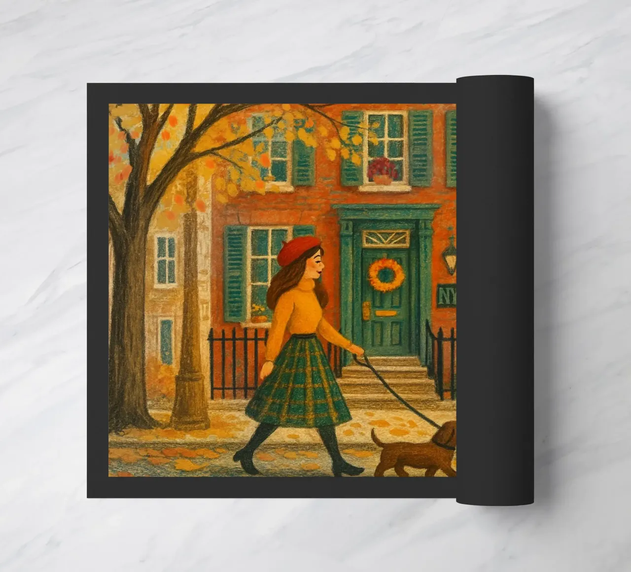 Autunno a NYC - passeggiata con il cane zerbino da Taika Tori Art