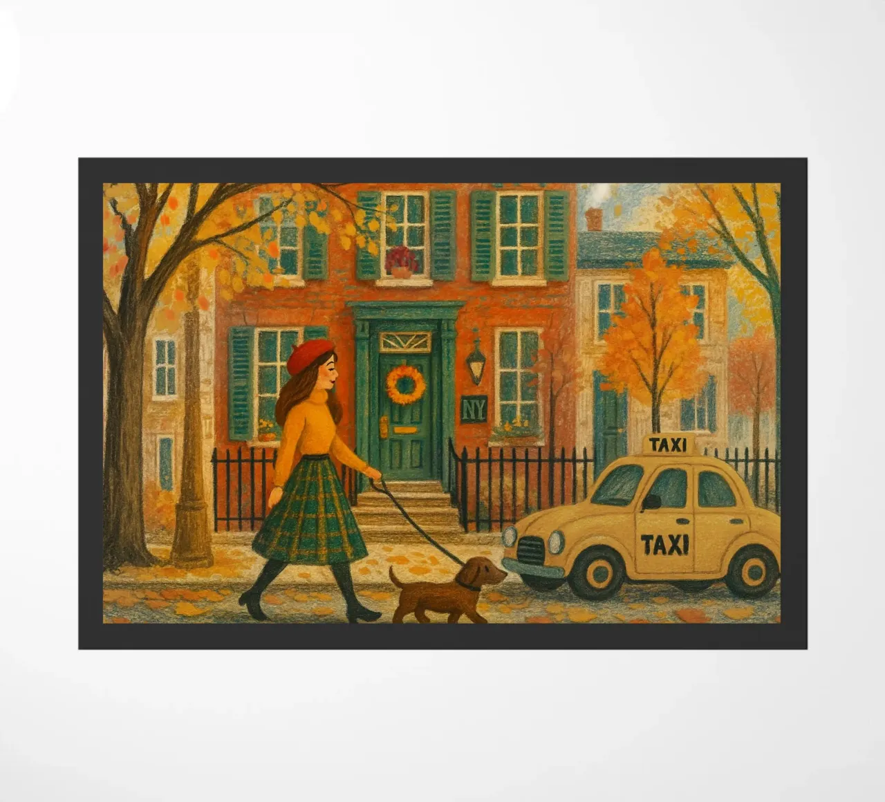 Autunno a NYC - passeggiata con il cane zerbino da Taika Tori Art