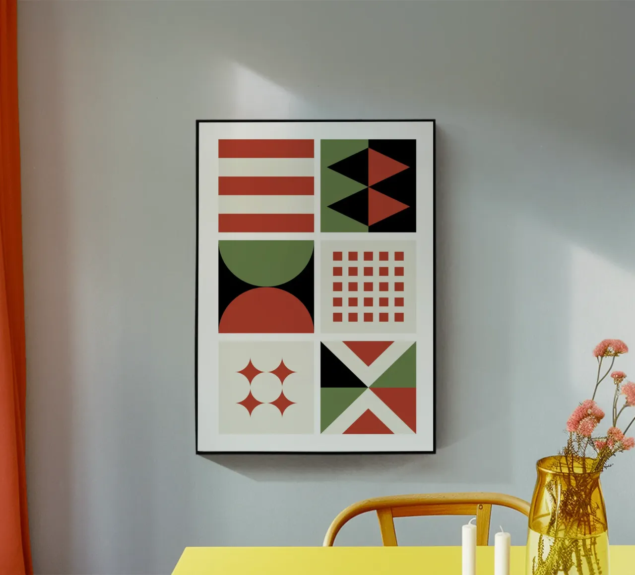 Bauhaus Geometric Pattern Grid | Red & Green Mid-Century Pri metacrilato de Grungeo