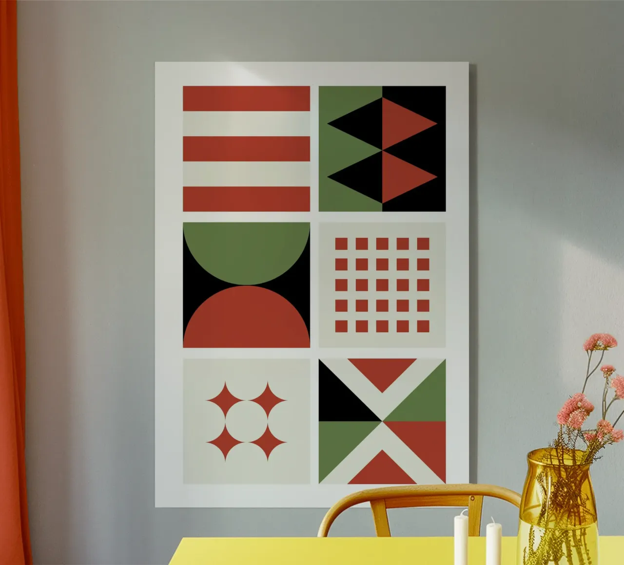 Bauhaus Geometric Pattern Grid | Red & Green Mid-Century Pri metacrilato de Grungeo