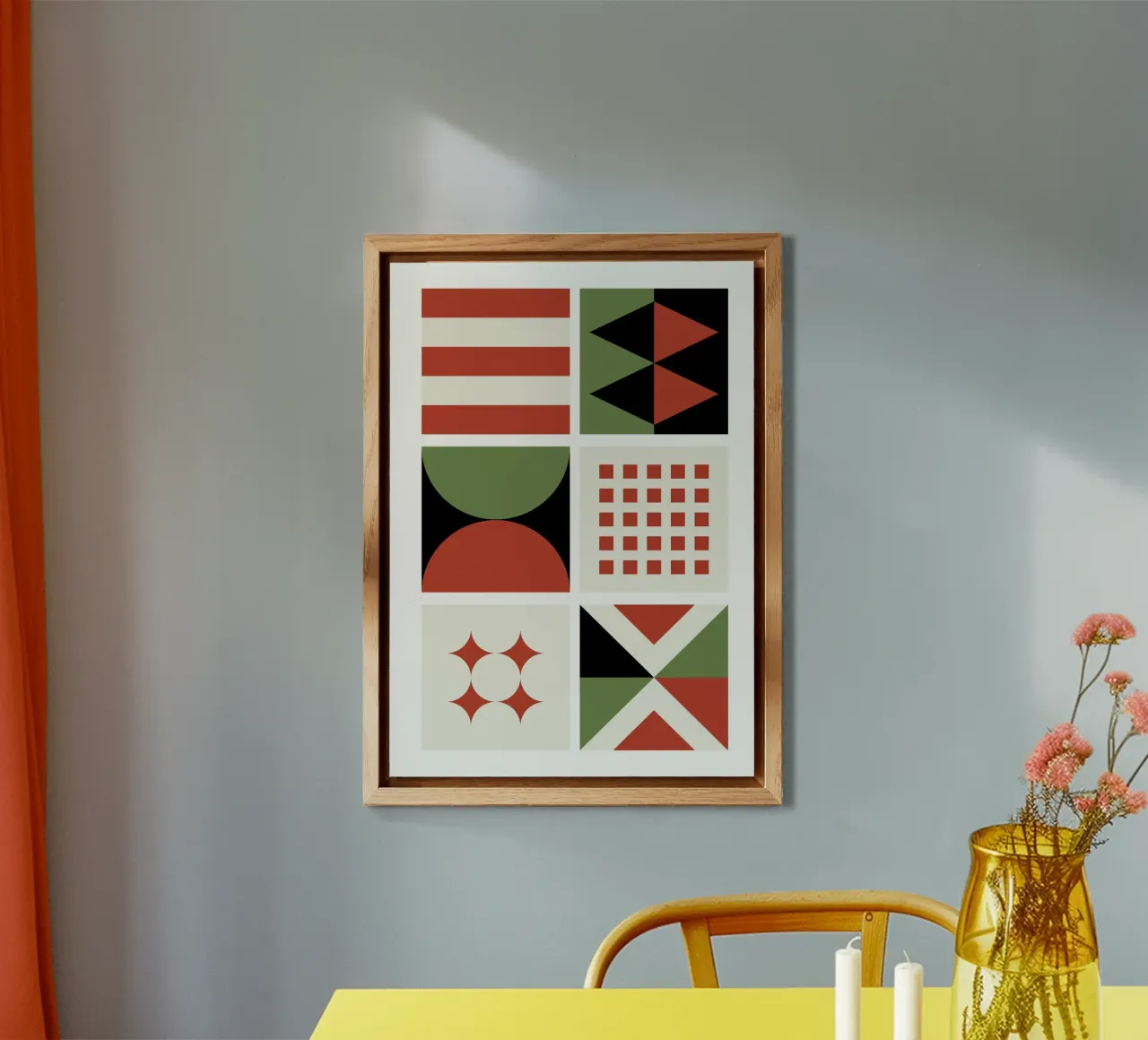 Bauhaus Geometric Pattern Grid | Red & Green Mid-Century Pri aluminio dibond de Grungeo