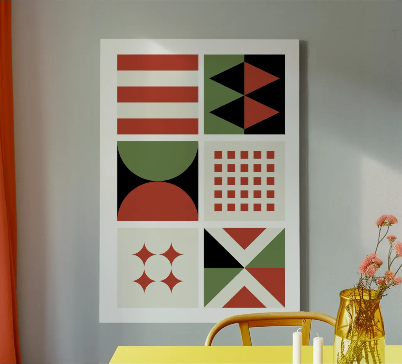 Bauhaus Geometric Pattern Grid | Red & Green Mid-Century Pri canvas by Grungeo
