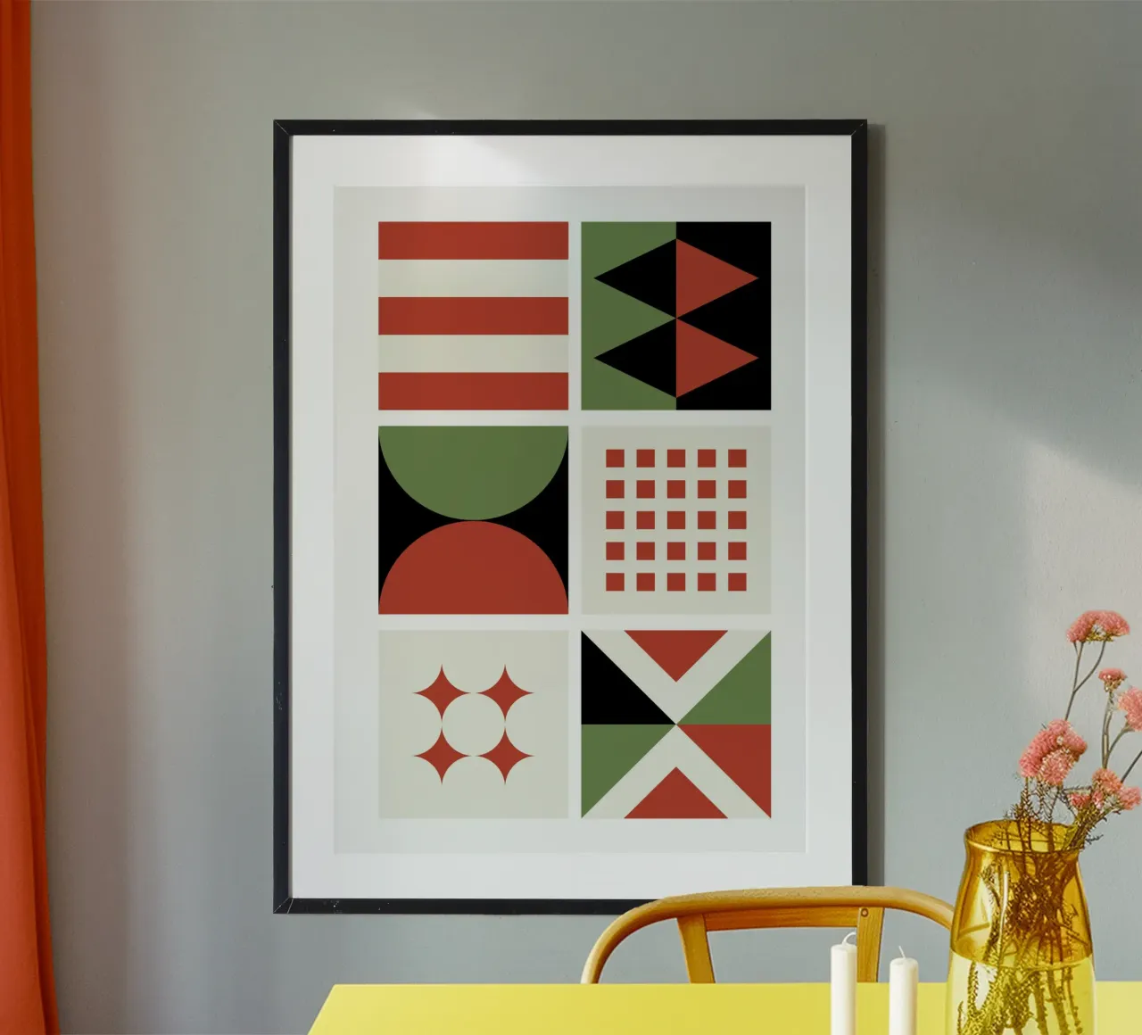 Bauhaus Geometric Pattern Grid | Red & Green Mid-Century Pri hahnemühle de Grungeo