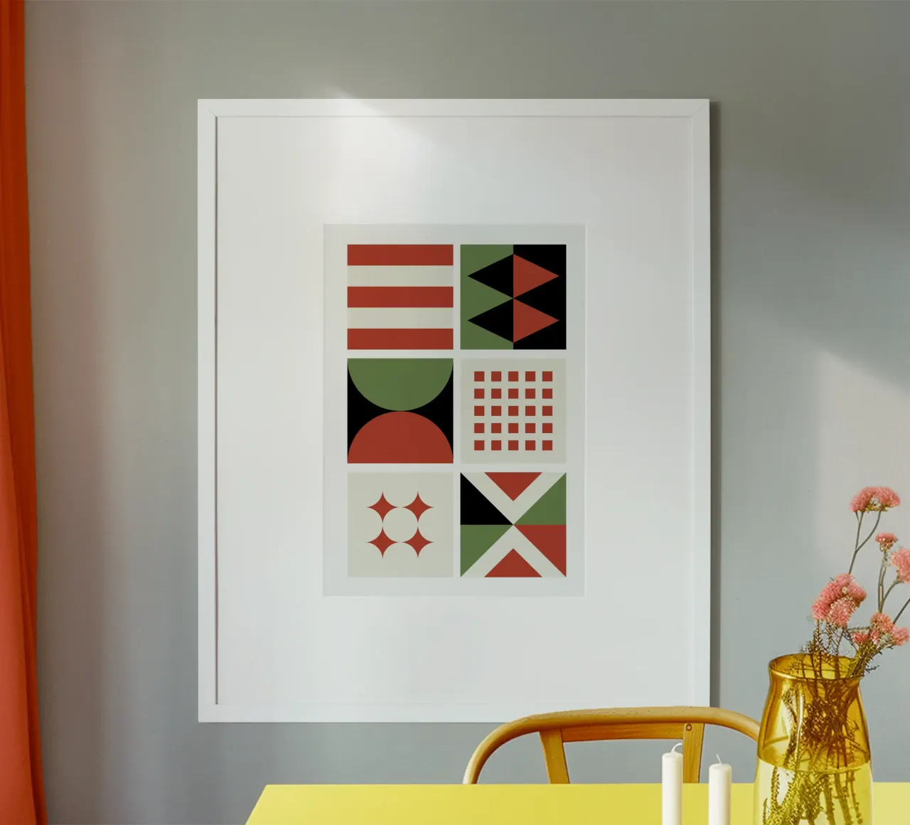 Bauhaus Geometric Pattern Grid | Red & Green Mid-Century Pri hahnemühle de Grungeo