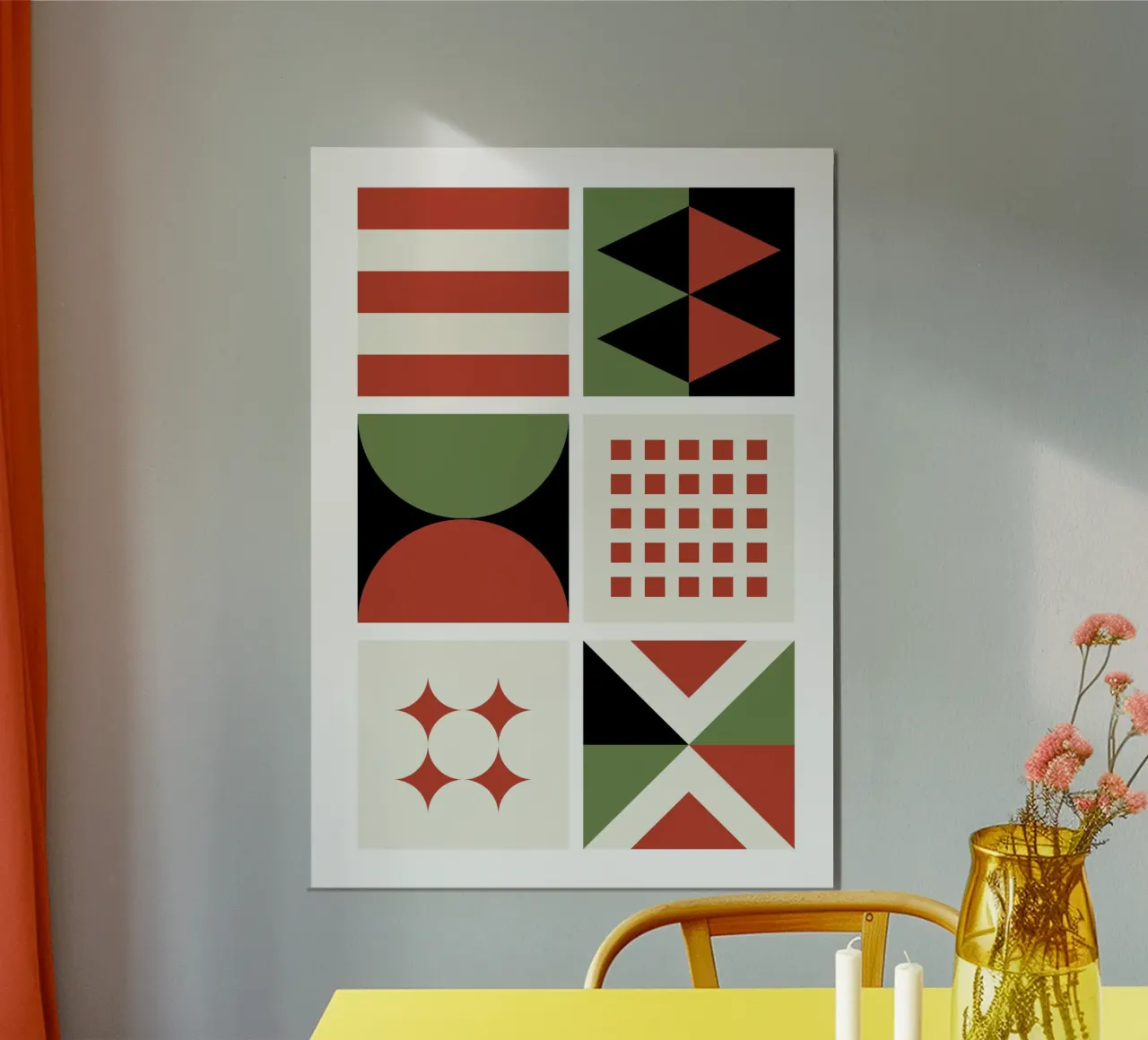 Bauhaus Geometric Pattern Grid | Red & Green Mid-Century Pri hahnemühle de Grungeo