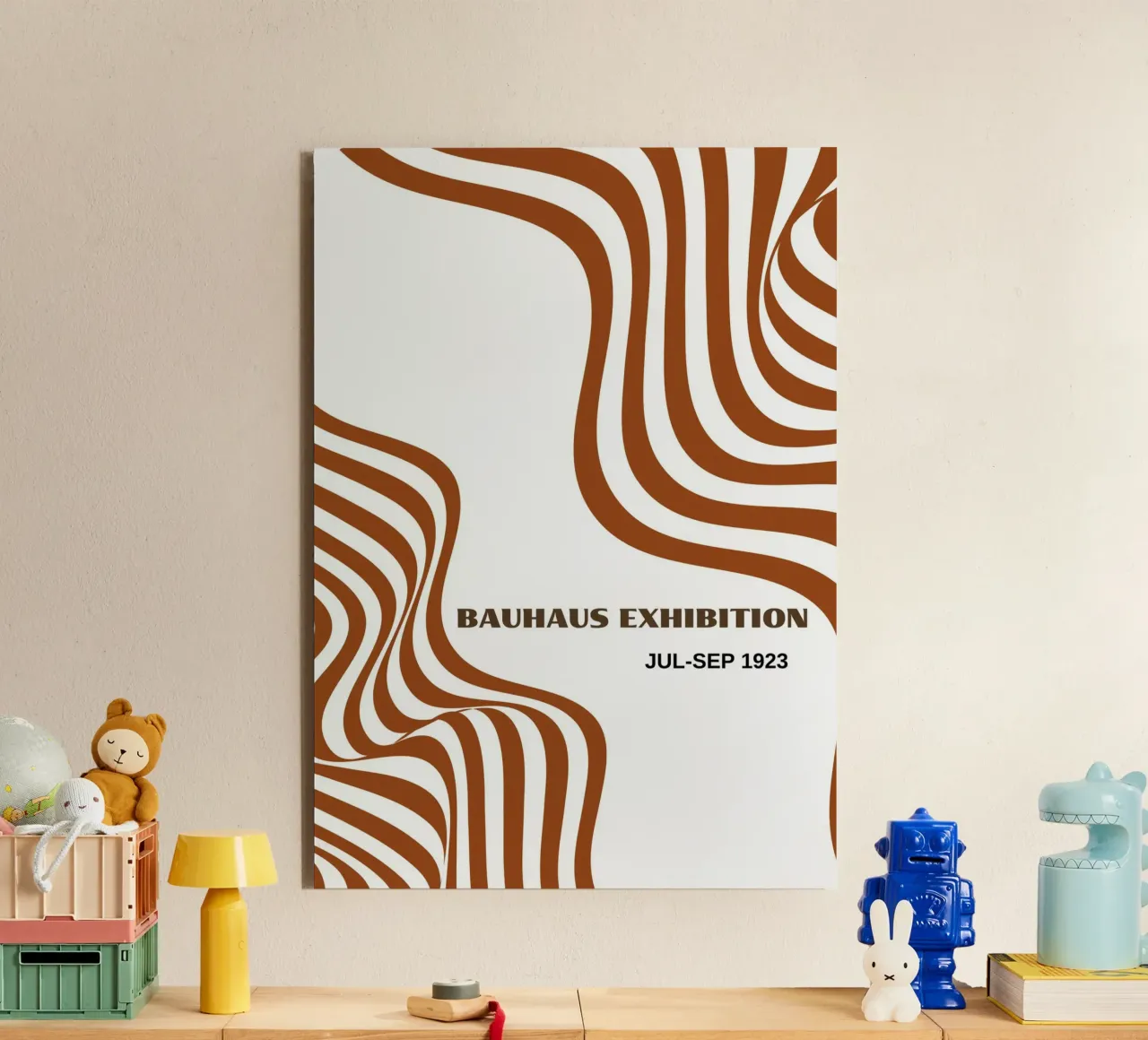 Bauhaus Op Art Waves | Brown & White Abstract Flow Poster alluminio dibond da Grungeo