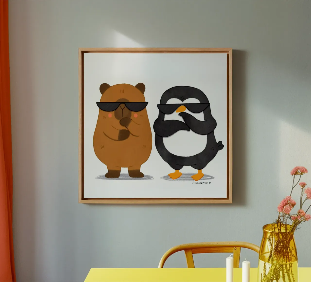 Capybara and Penguin - Best Bros canvas with Floater frame by julianamotzko
