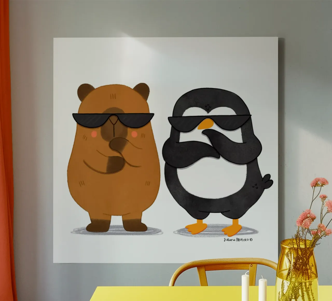 Capybara and Penguin - Best Bros canvas with Floater frame by julianamotzko