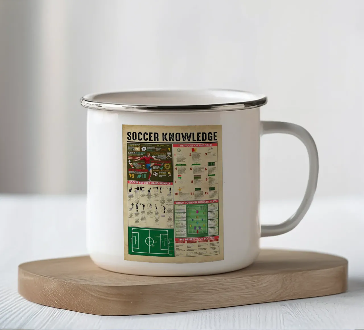 Poster sulla conoscenza del calcio tazza in smalto da Maritiknowled