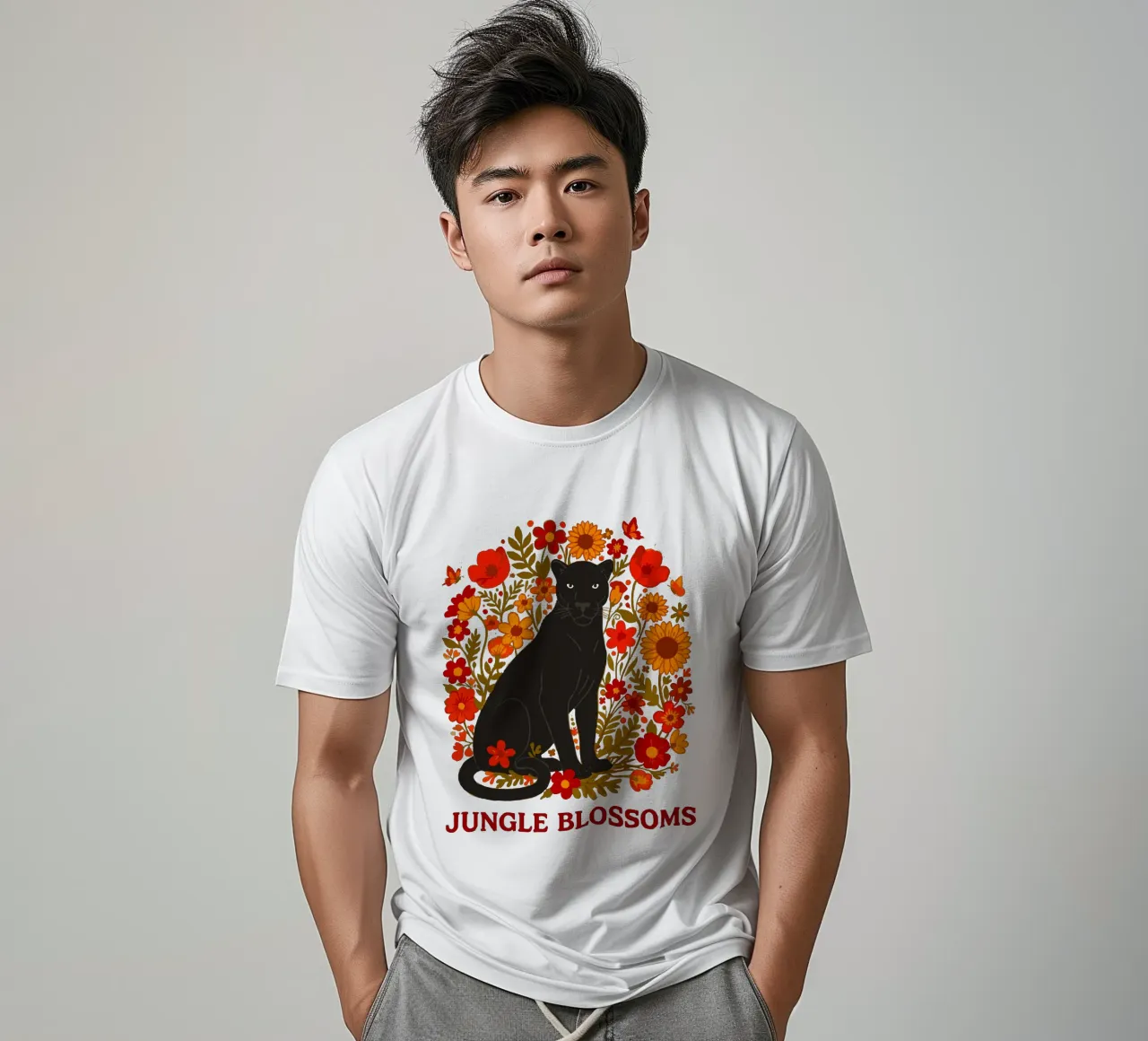 Pantera Nera e fiori botanici della giungla t-shirt da LM2KONE