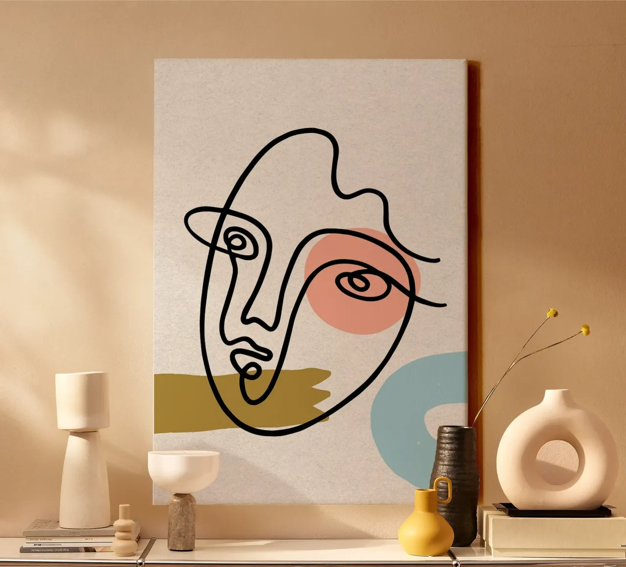 Abstract Line Art Face with Shapes canvas by apple crumble