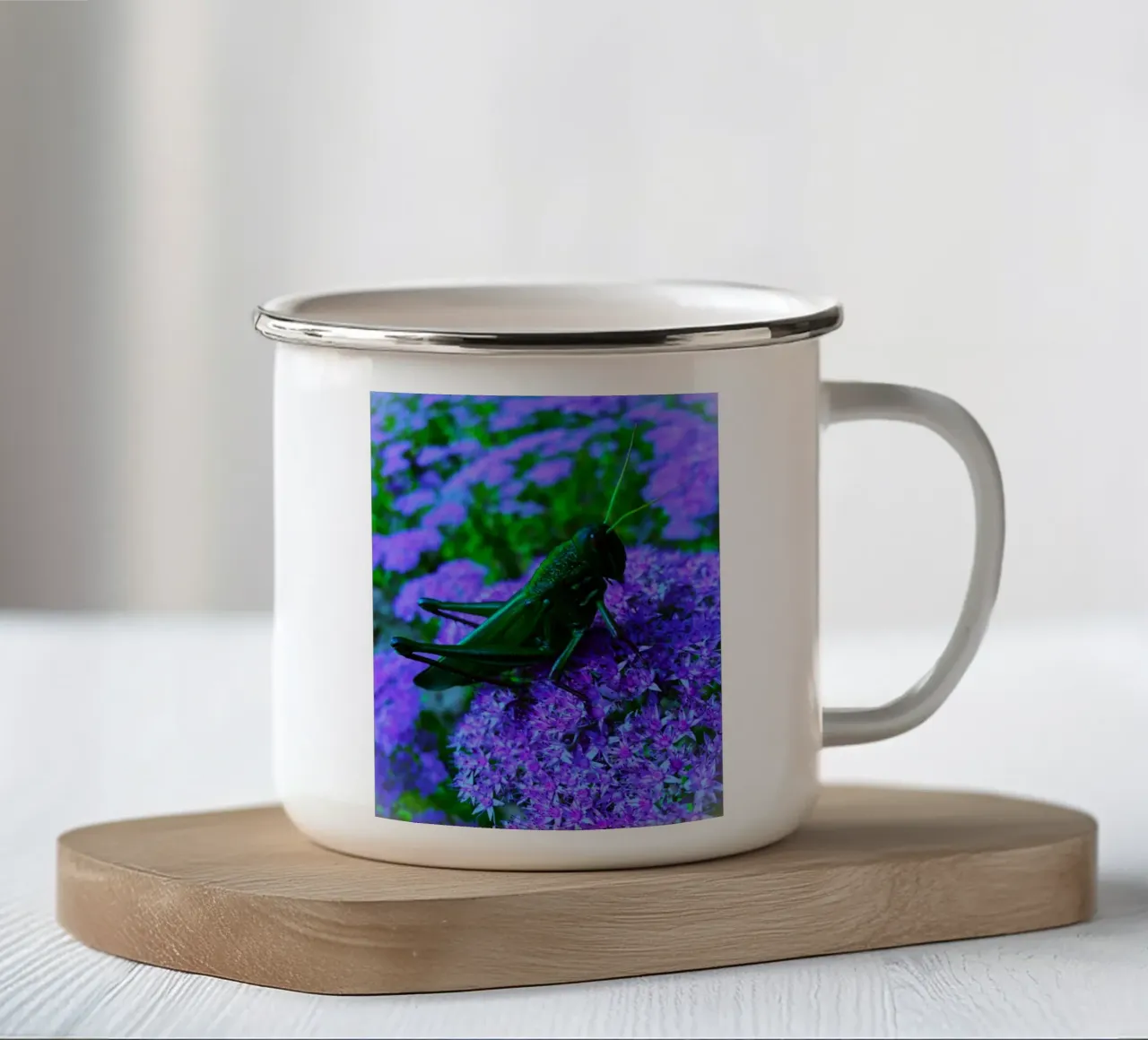 Grasshopper – small but full of vitality enamel mug by Nature's Palette
