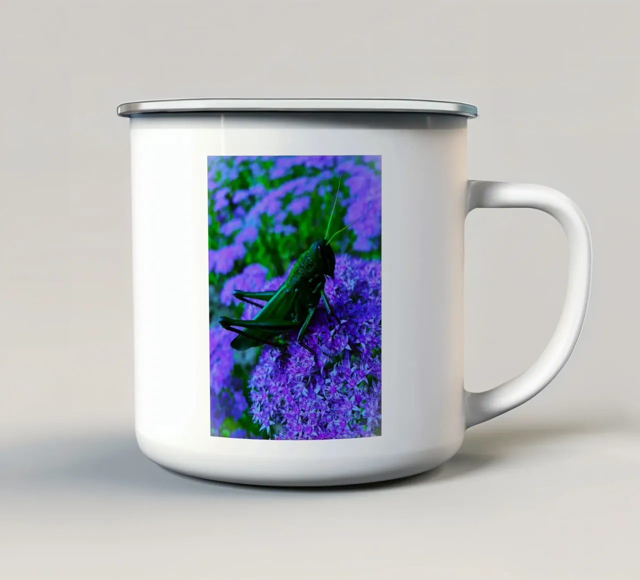 Grasshopper – small but full of vitality enamel mug by Nature's Palette
