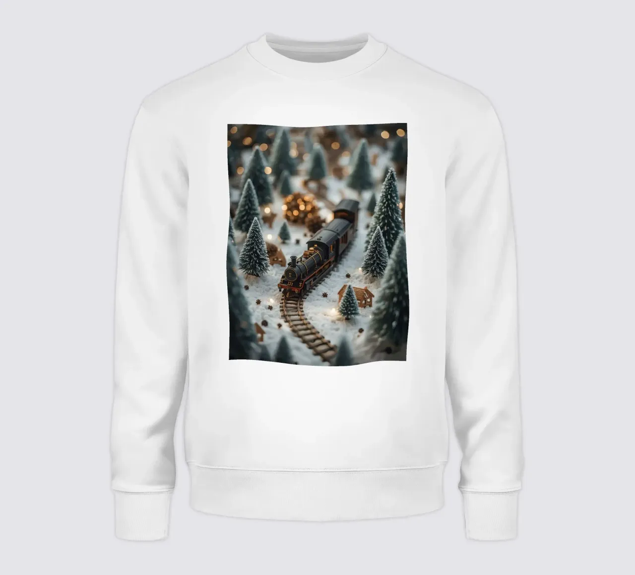 Miniature Train in Snowy Landscape with Trees and Lights sweatshirt by DesignDoodle