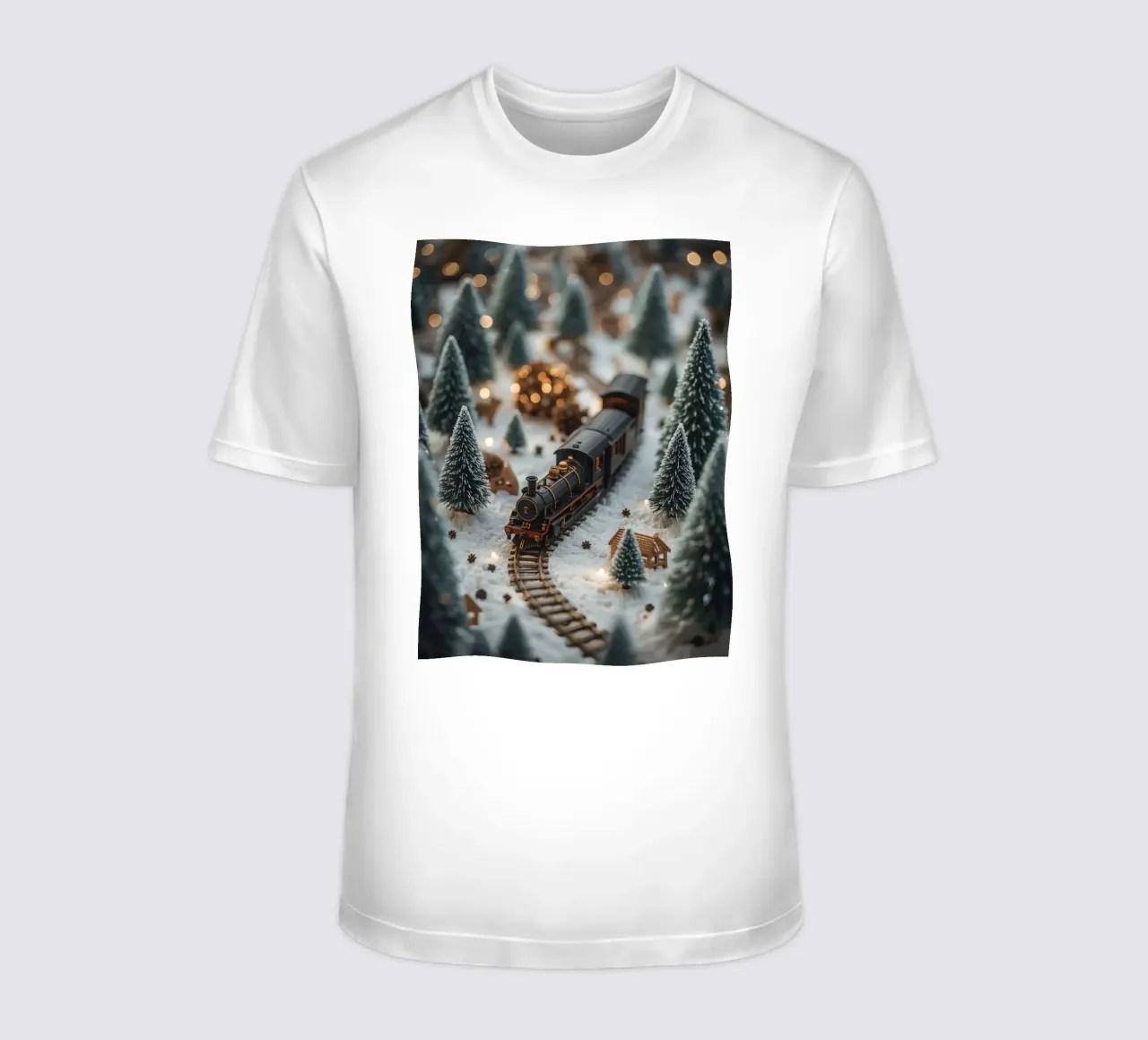 Treno in miniatura in un paesaggio innevato con alberi e luci t-shirt da DesignDoodle