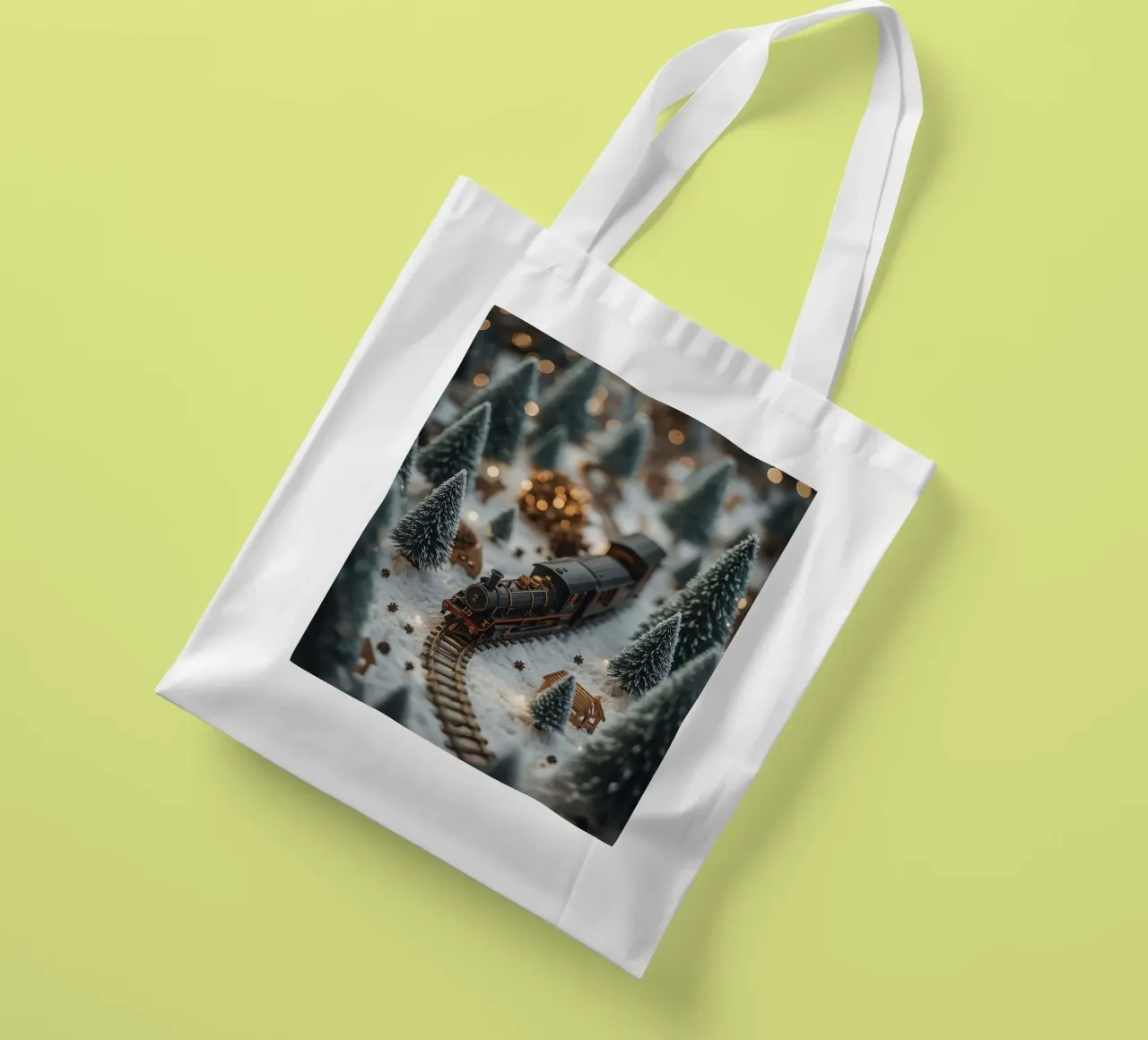 Treno in miniatura in un paesaggio innevato con alberi e luci borsa in juta da DesignDoodle