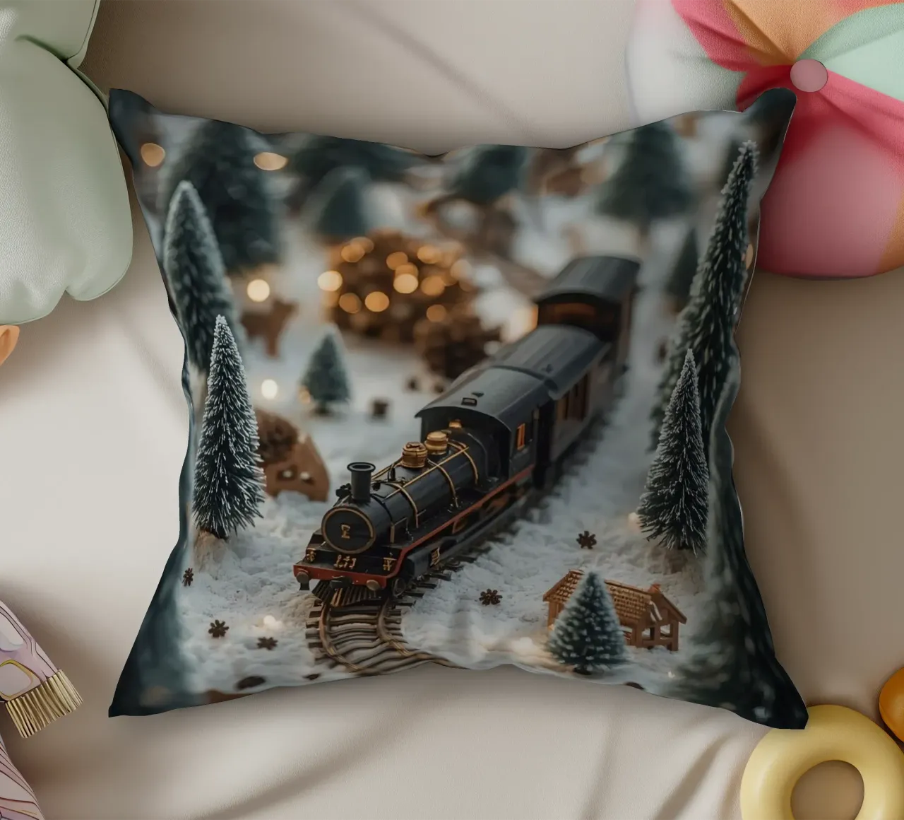 Treno in miniatura in un paesaggio innevato con alberi e luci cuscino da DesignDoodle