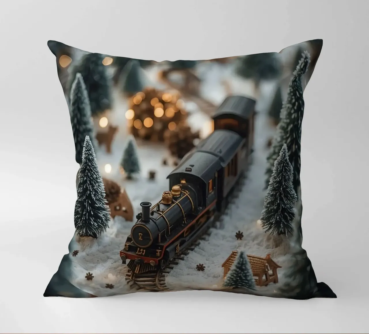 Treno in miniatura in un paesaggio innevato con alberi e luci cuscino da DesignDoodle