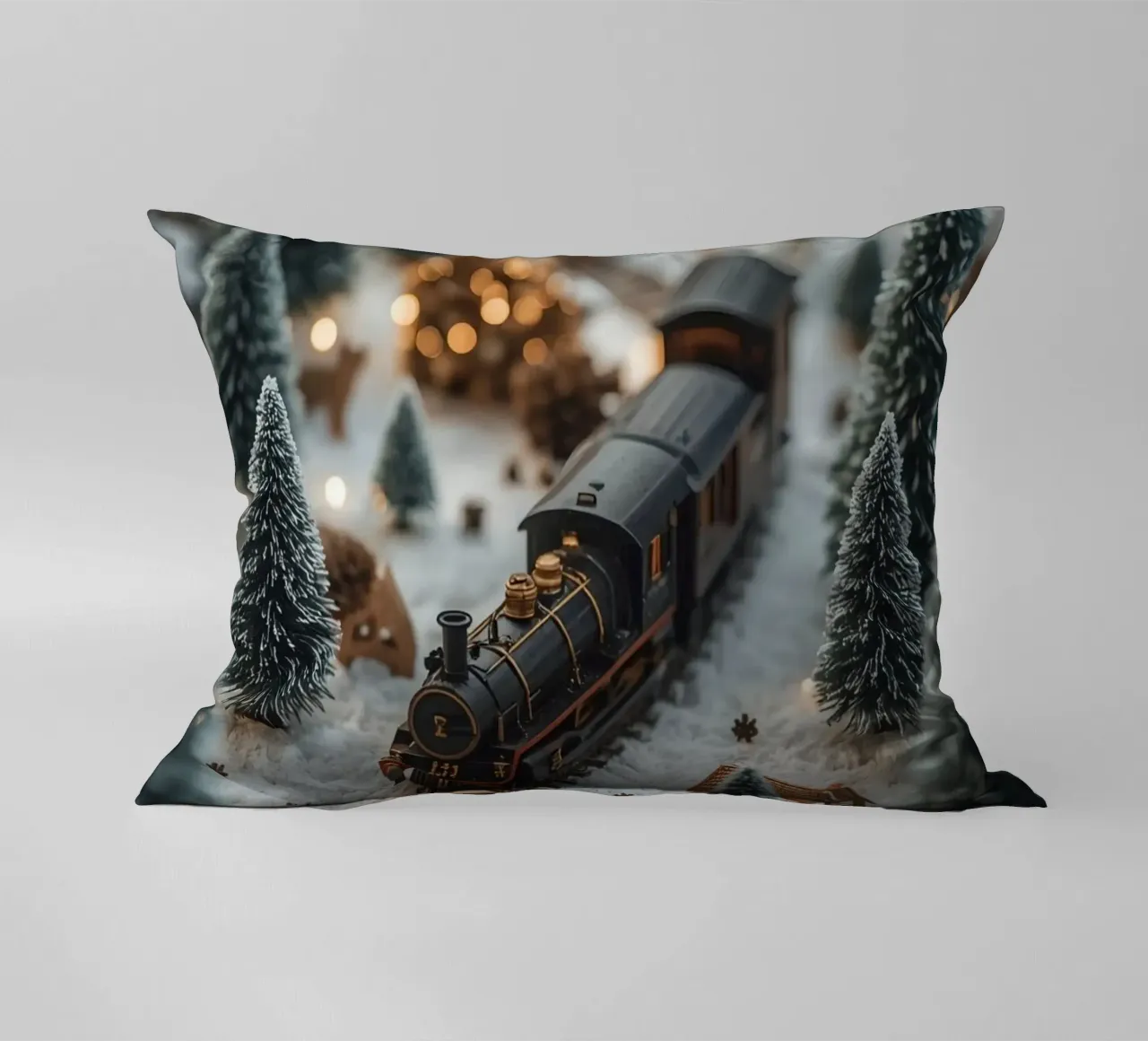 Treno in miniatura in un paesaggio innevato con alberi e luci cuscino da DesignDoodle