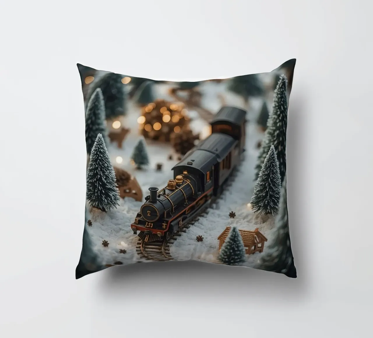 Treno in miniatura in un paesaggio innevato con alberi e luci cuscino da DesignDoodle