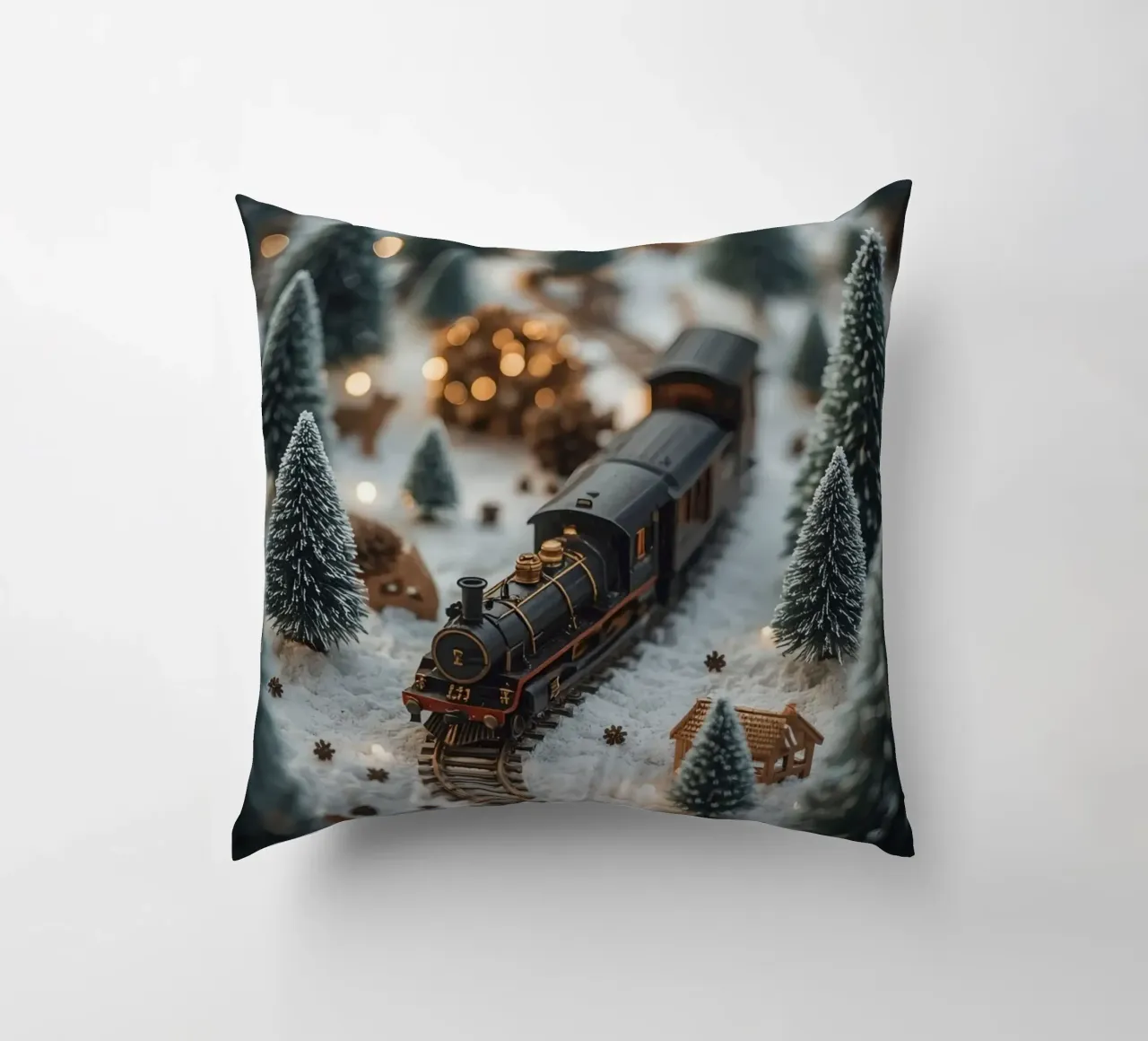 Treno in miniatura in un paesaggio innevato con alberi e luci cuscino da DesignDoodle