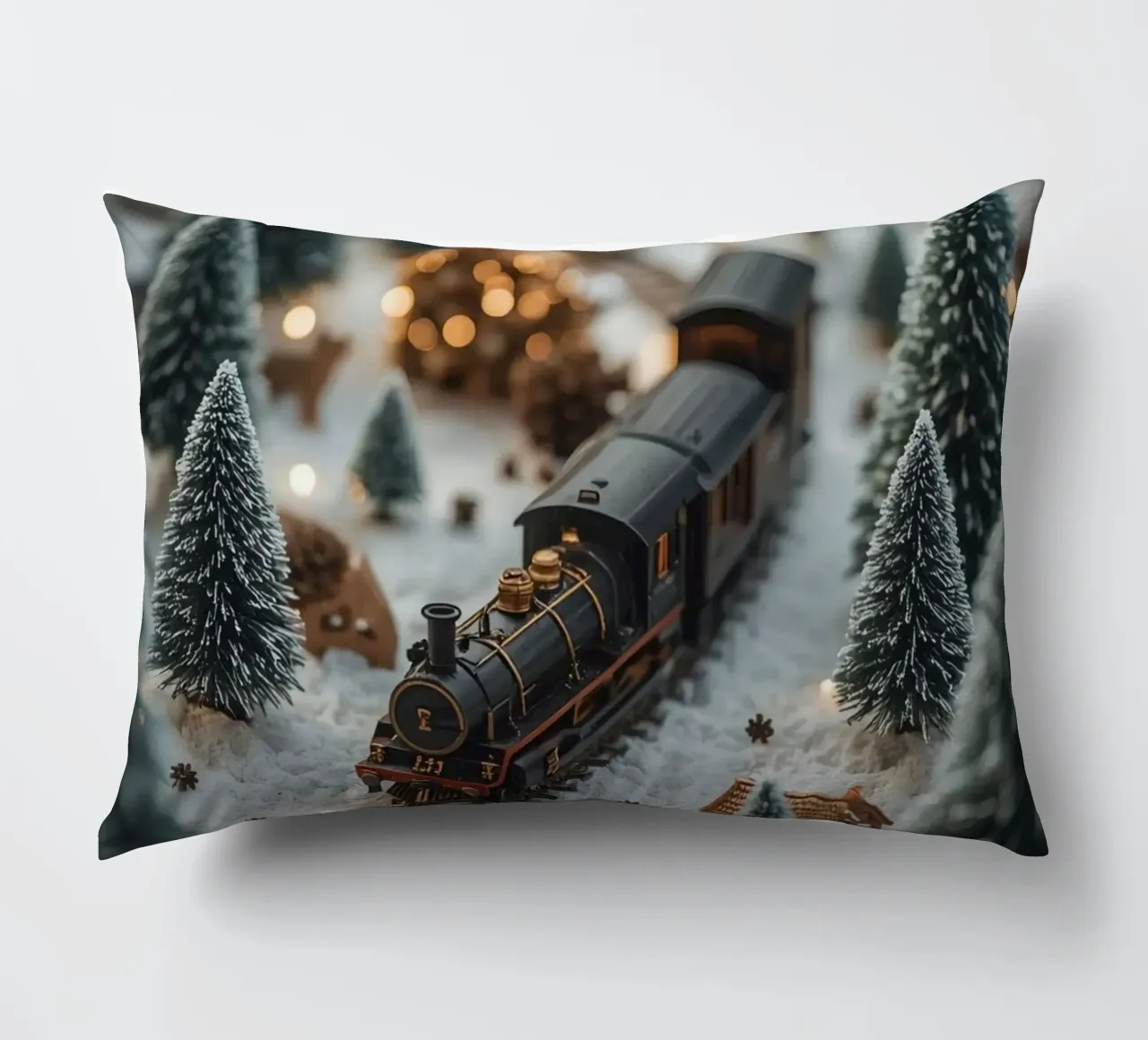 Treno in miniatura in un paesaggio innevato con alberi e luci cuscino da DesignDoodle