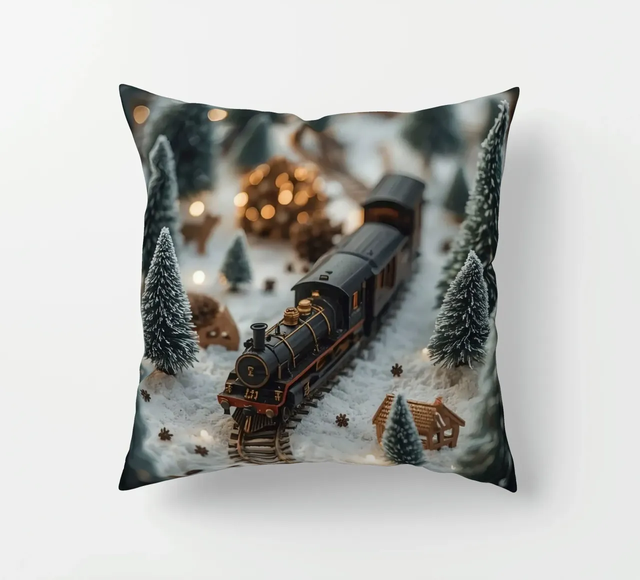 Treno in miniatura in un paesaggio innevato con alberi e luci cuscino da DesignDoodle
