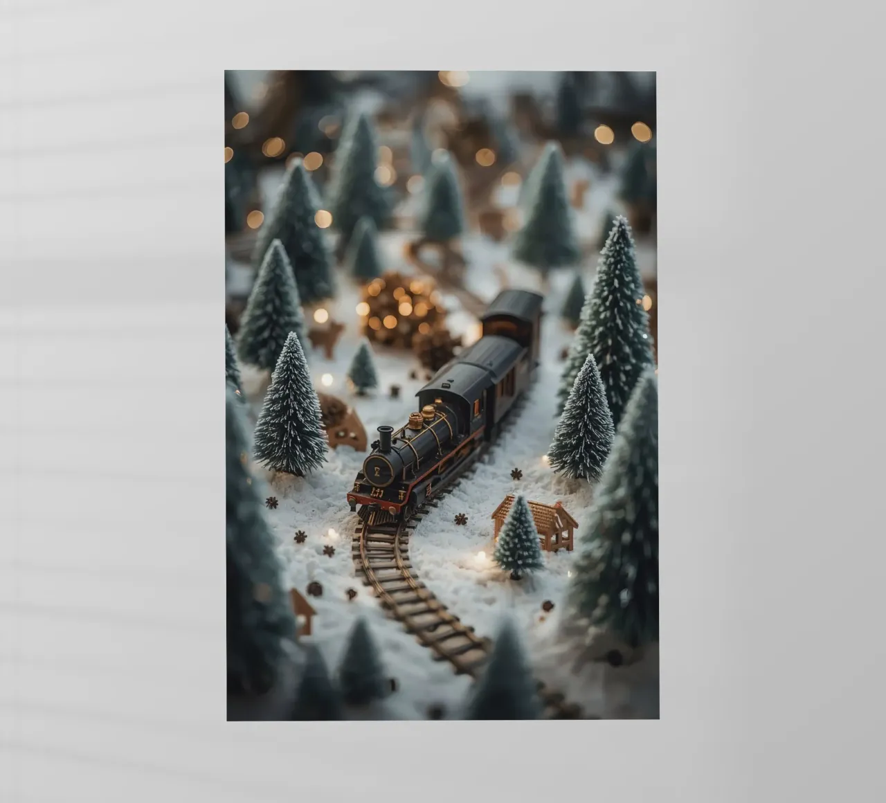 Treno in miniatura in un paesaggio innevato con alberi e luci pellicola backlit da DesignDoodle
