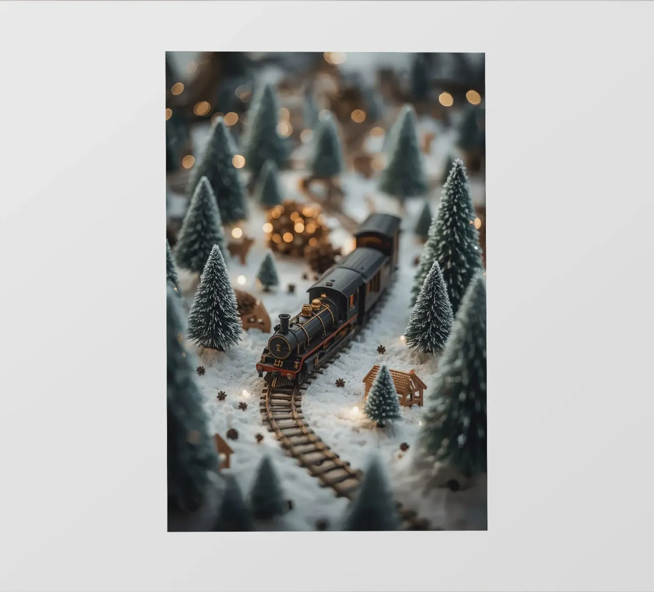 Treno in miniatura in un paesaggio innevato con alberi e luci pellicola backlit da DesignDoodle