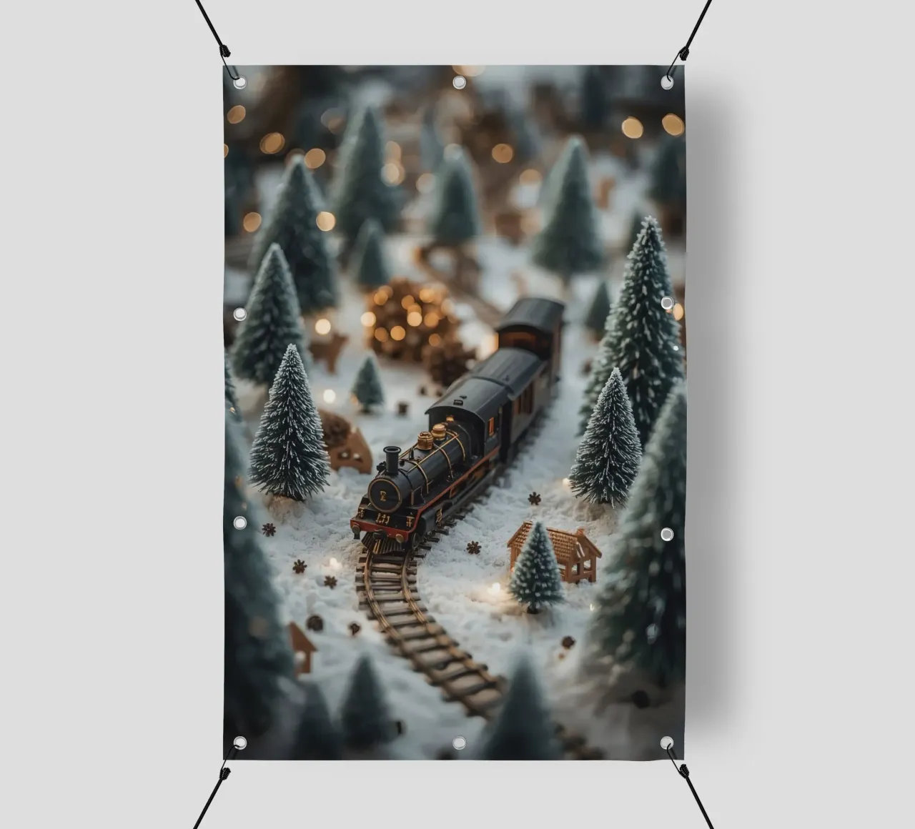 Treno in miniatura in un paesaggio innevato con alberi e luci telo in pvc da DesignDoodle