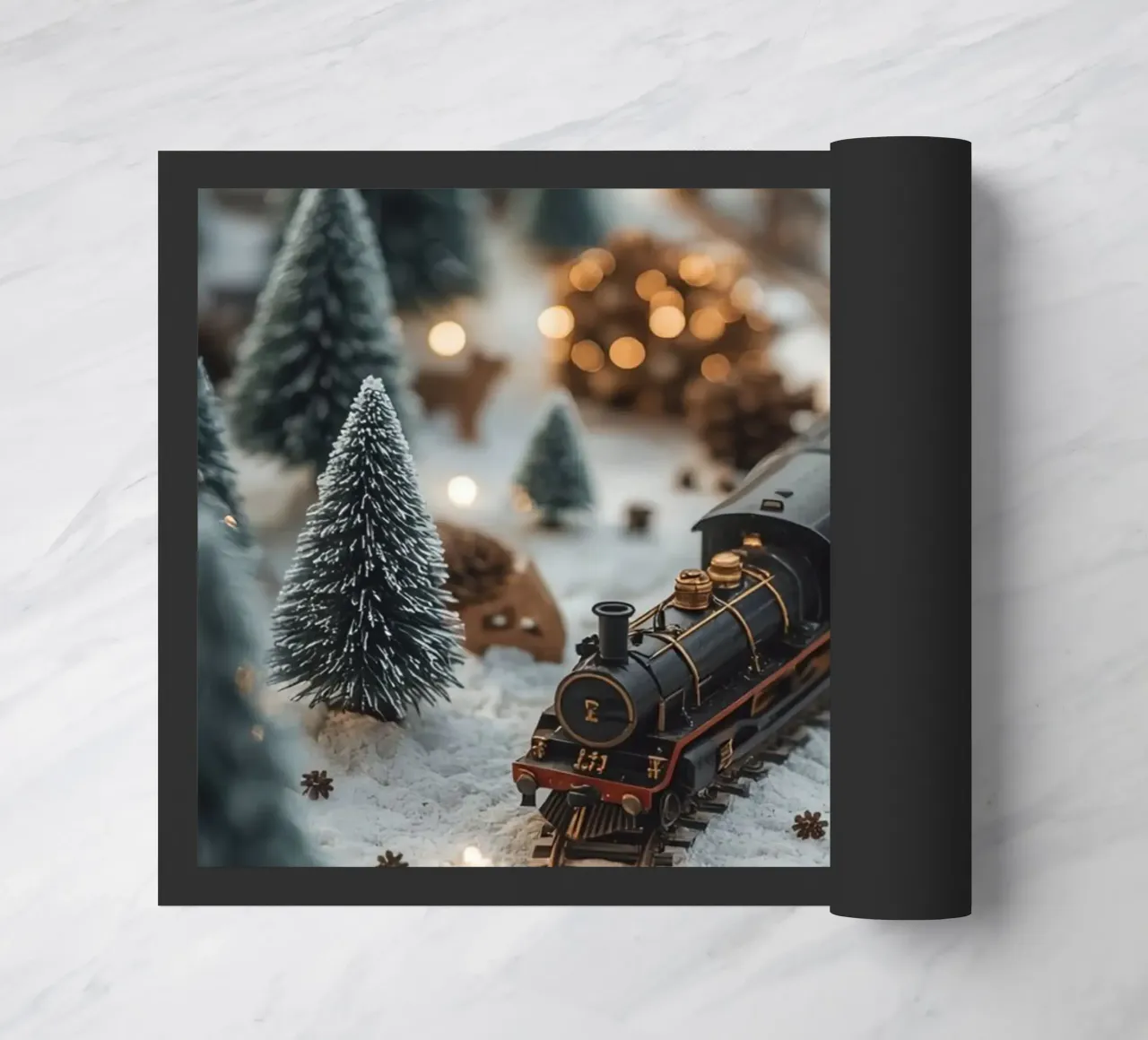 Treno in miniatura in un paesaggio innevato con alberi e luci zerbino da DesignDoodle