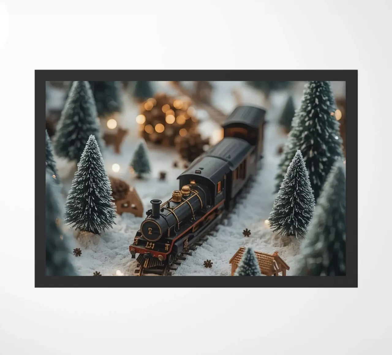 Treno in miniatura in un paesaggio innevato con alberi e luci zerbino da DesignDoodle