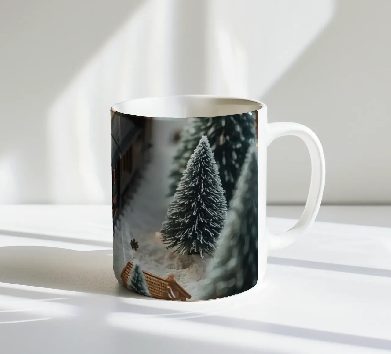 Treno in miniatura in un paesaggio innevato con alberi e luci tazza in ceramica da DesignDoodle