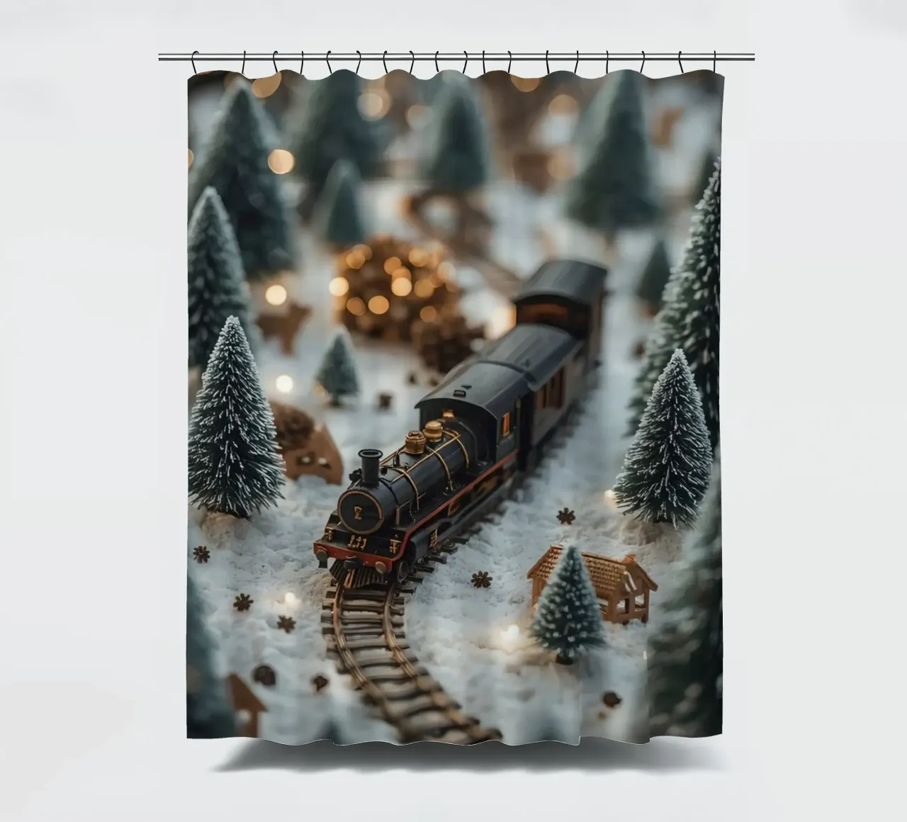 Treno in miniatura in un paesaggio innevato con alberi e luci tenda da doccia da DesignDoodle