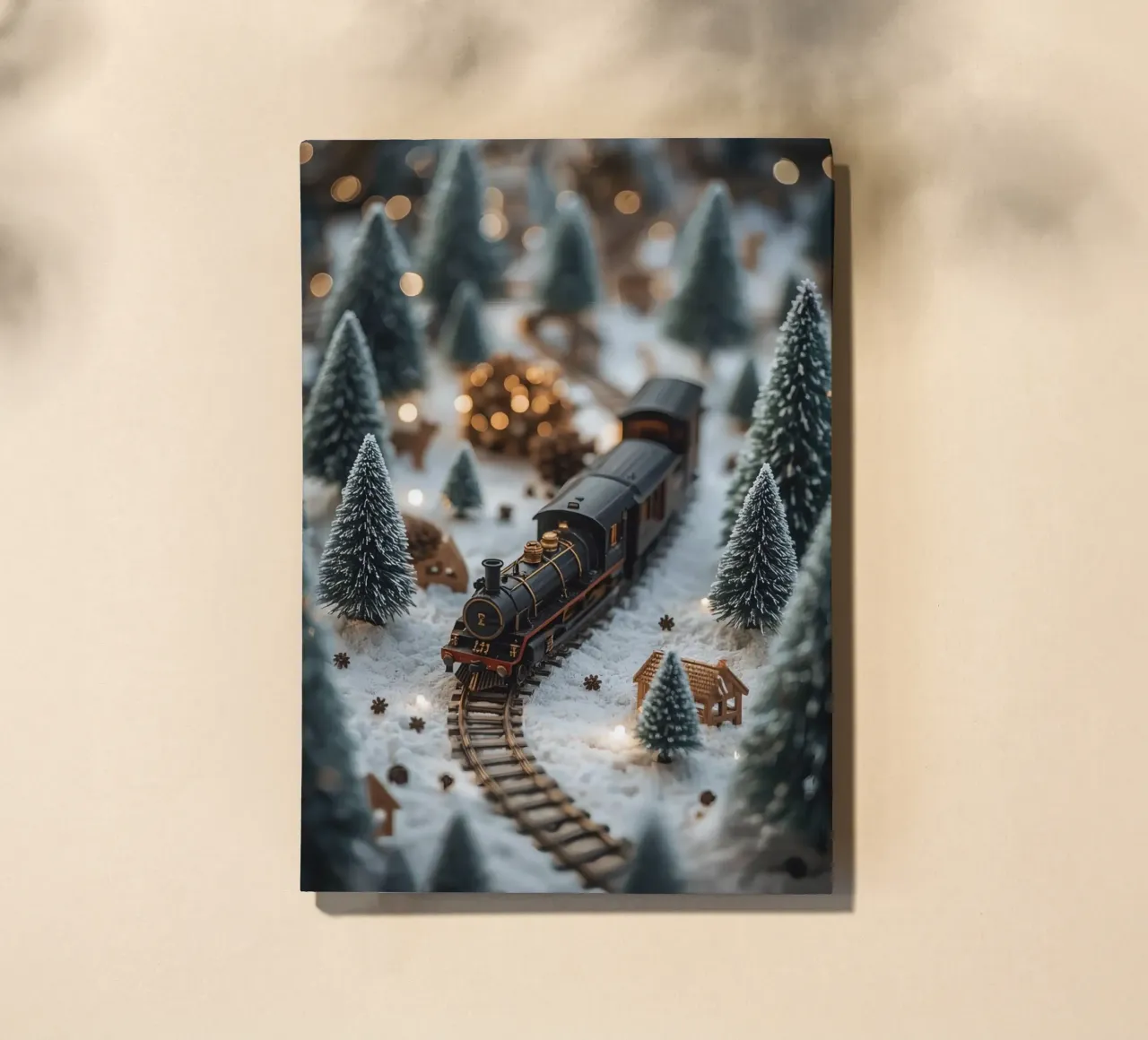 Treno in miniatura in un paesaggio innevato con alberi e luci diario da DesignDoodle